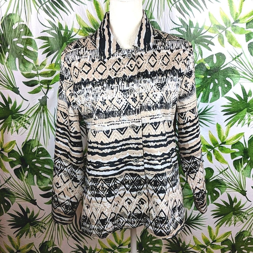 Cali And York Tan & Black Abstract Striped Jacket (Size: Petite Large)